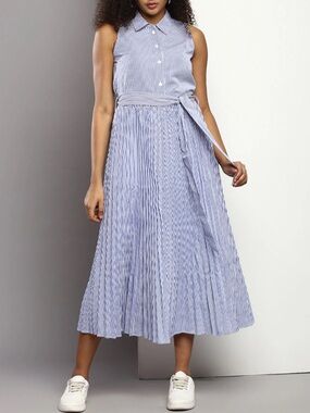 TOMMY HILFIGER Blue Pinstripe Shirt Dress with Waist Tie